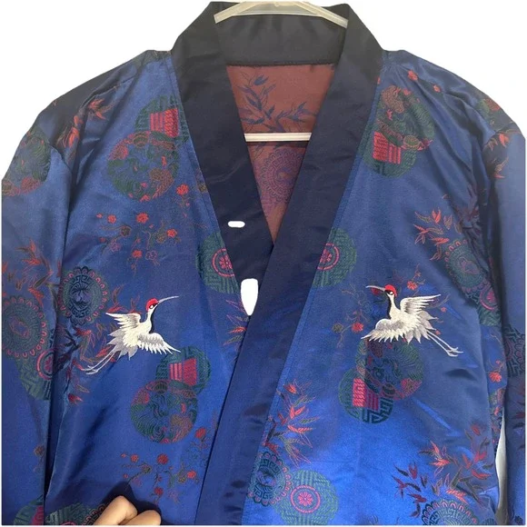 Vintage Silk Blend Chinese Hand Embroidered Kimono Robe Flower Birds Crane Stork - Picture 2 of 9